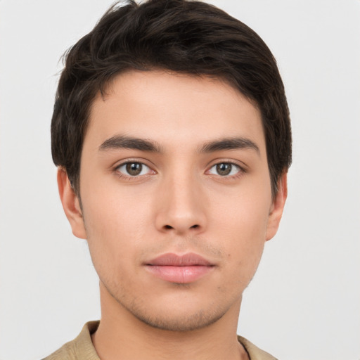 Neutral white young-adult male with short  brown hair and brown eyes