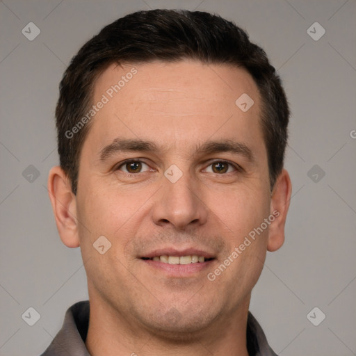 Joyful white young-adult male with short  brown hair and brown eyes