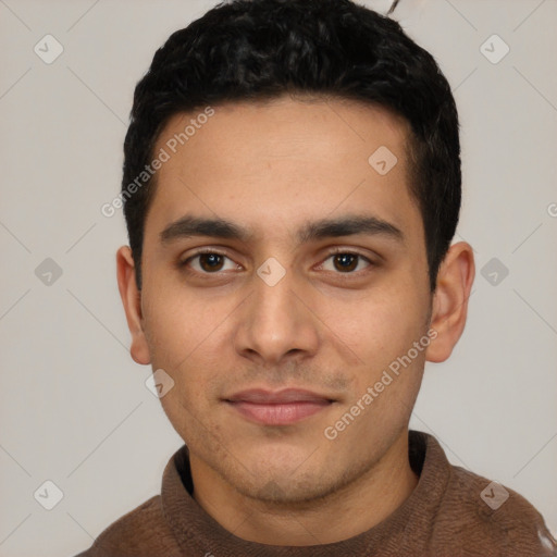 Neutral white young-adult male with short  black hair and brown eyes