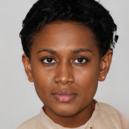 Neutral black young-adult female with short  black hair and brown eyes