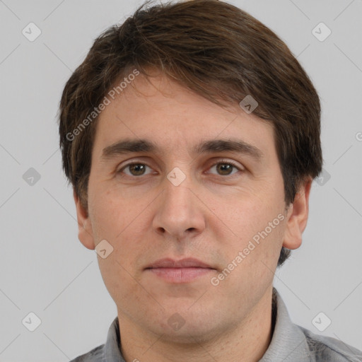 Neutral white young-adult male with short  brown hair and brown eyes