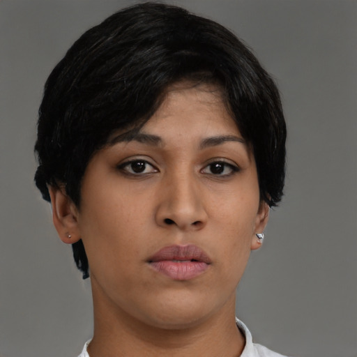 Neutral asian young-adult female with short  black hair and brown eyes