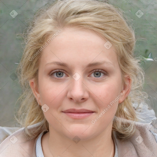 Joyful white young-adult female with medium  brown hair and blue eyes