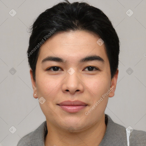 Joyful asian young-adult male with short  black hair and brown eyes