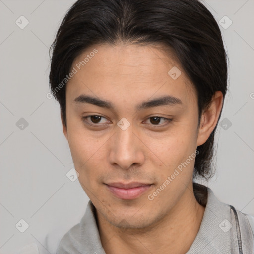 Joyful white young-adult male with medium  brown hair and brown eyes