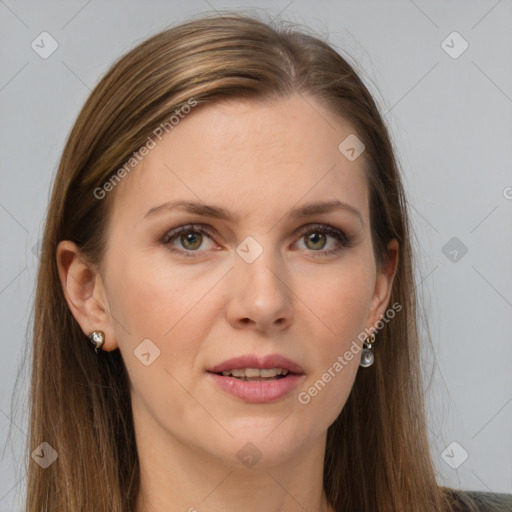 Joyful white young-adult female with long  brown hair and grey eyes