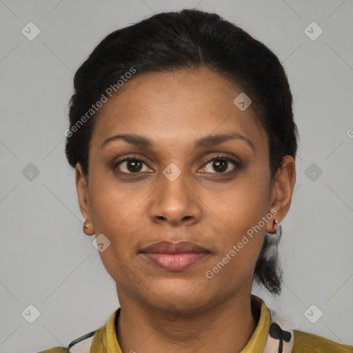 Neutral black young-adult female with short  black hair and brown eyes