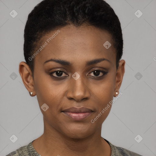 Joyful black young-adult female with short  black hair and brown eyes