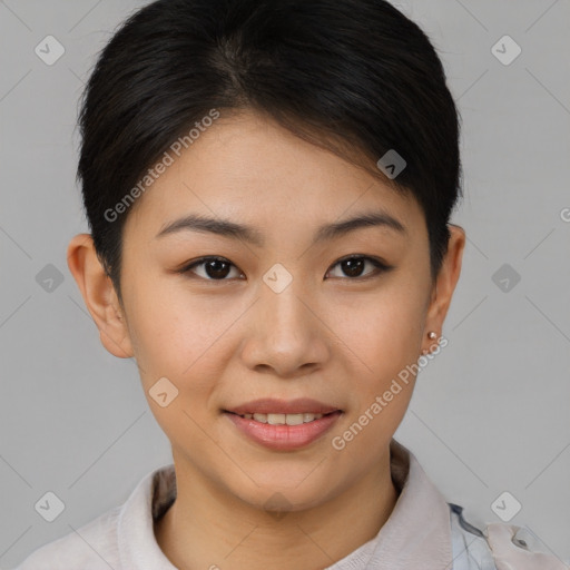 Joyful asian young-adult female with short  brown hair and brown eyes