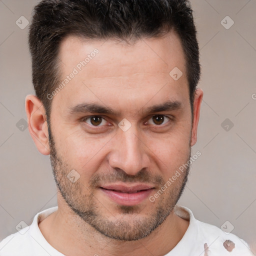 Joyful white young-adult male with short  brown hair and brown eyes