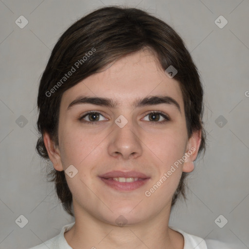 Joyful white young-adult female with medium  brown hair and brown eyes