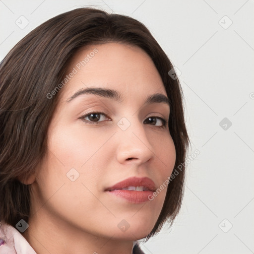 Neutral white young-adult female with medium  brown hair and brown eyes