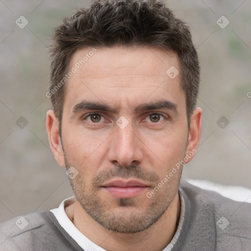 Neutral white adult male with short  brown hair and brown eyes