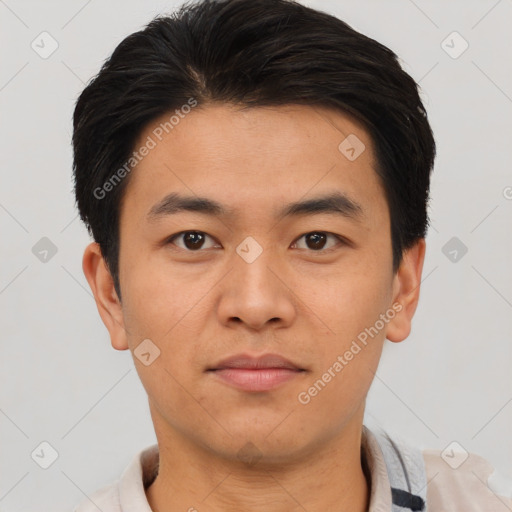 Neutral asian young-adult male with short  brown hair and brown eyes