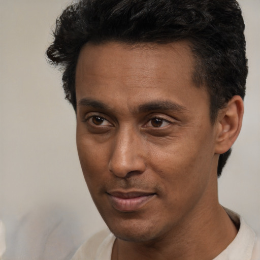 Neutral latino adult male with short  black hair and brown eyes