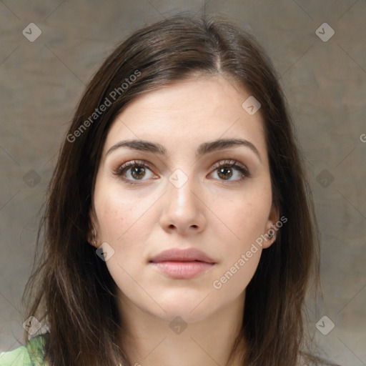 Neutral white young-adult female with long  brown hair and brown eyes