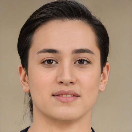Joyful white young-adult female with medium  brown hair and brown eyes