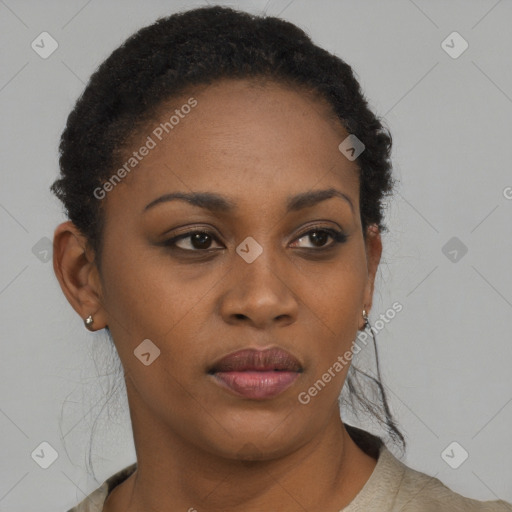 Neutral black young-adult female with short  brown hair and brown eyes