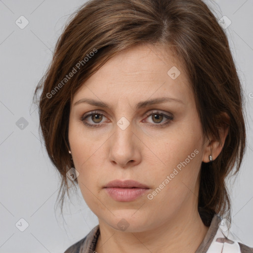 Neutral white young-adult female with medium  brown hair and brown eyes