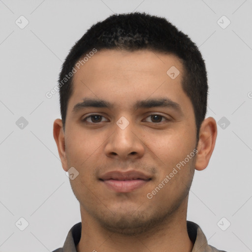 Neutral latino young-adult male with short  black hair and brown eyes