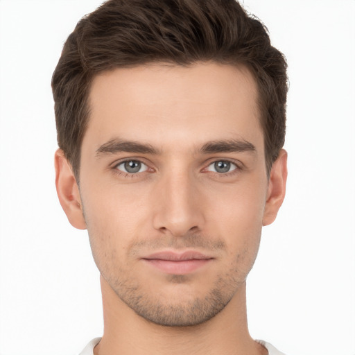 Neutral white young-adult male with short  brown hair and brown eyes