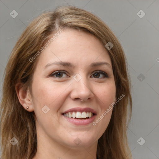 Joyful white young-adult female with long  brown hair and brown eyes