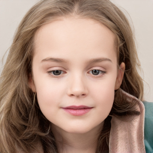 Neutral white child female with long  brown hair and grey eyes