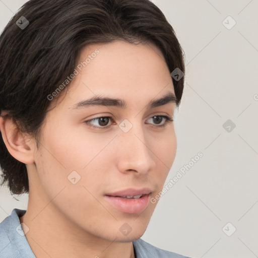 Neutral white young-adult female with medium  brown hair and brown eyes