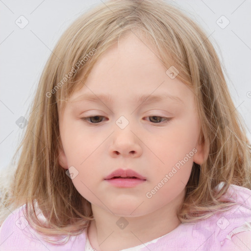 Neutral white child female with medium  brown hair and blue eyes