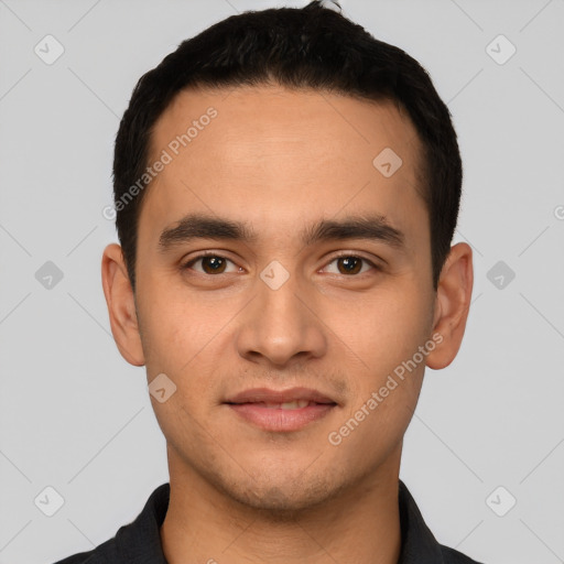 Joyful white young-adult male with short  black hair and brown eyes