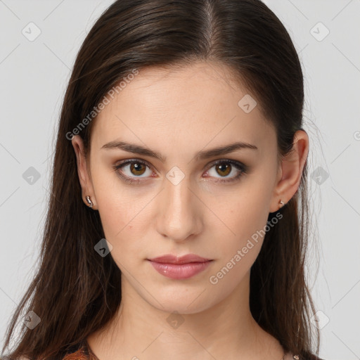 Neutral white young-adult female with long  brown hair and brown eyes