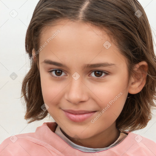 Joyful white child female with medium  brown hair and brown eyes