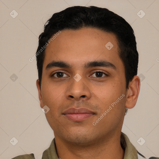 Neutral latino young-adult male with short  black hair and brown eyes