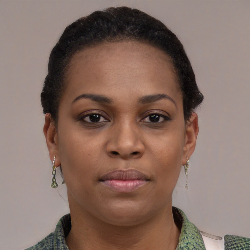 Joyful black young-adult female with short  black hair and brown eyes