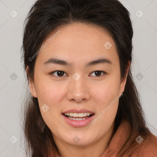 Joyful white young-adult female with long  brown hair and brown eyes