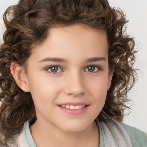 Joyful white child female with medium  brown hair and brown eyes