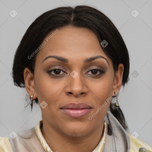 Joyful black young-adult female with medium  brown hair and brown eyes