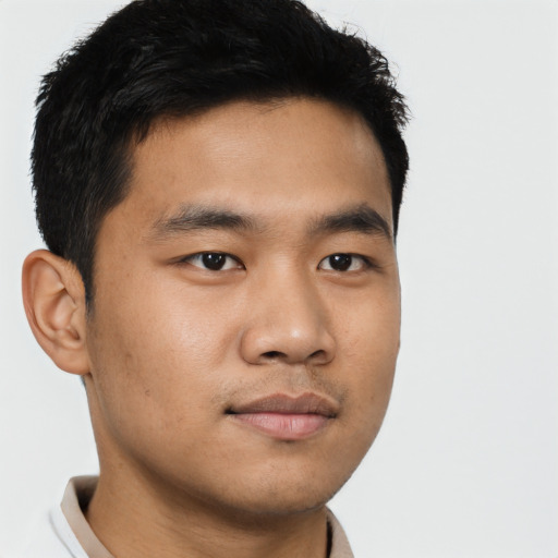 Neutral asian young-adult male with short  black hair and brown eyes