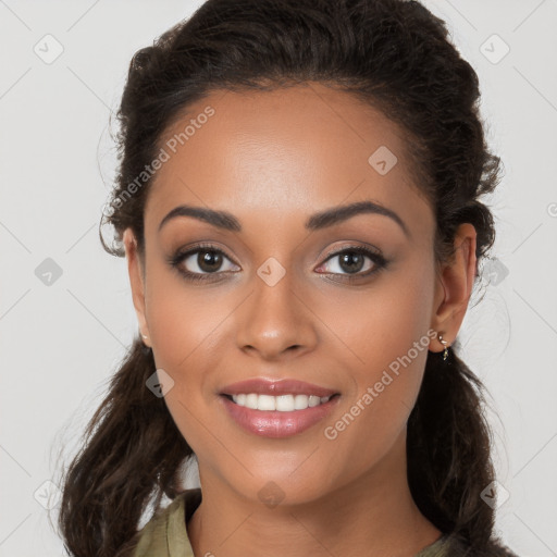 Joyful white young-adult female with long  brown hair and brown eyes