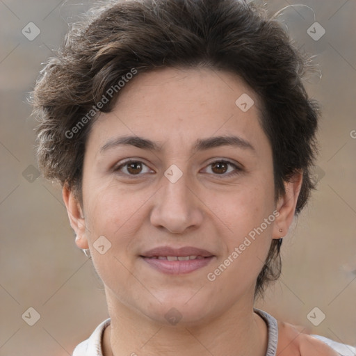 Joyful white adult female with short  brown hair and brown eyes