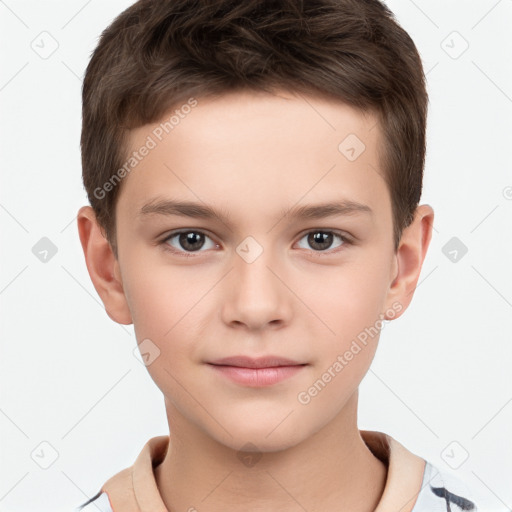 Joyful white child male with short  brown hair and brown eyes