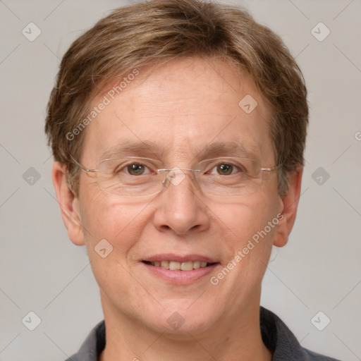 Joyful white adult male with short  brown hair and grey eyes