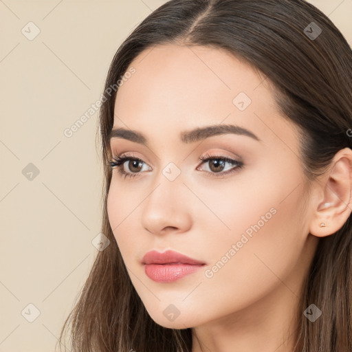 Neutral white young-adult female with long  brown hair and brown eyes