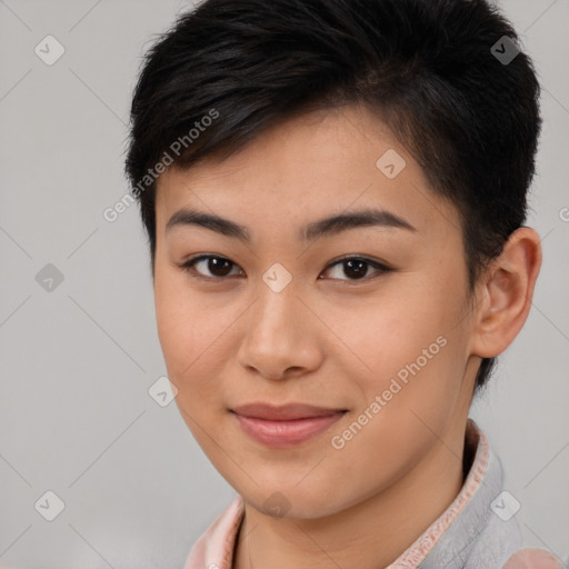 Joyful asian young-adult female with short  brown hair and brown eyes