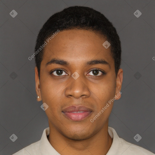 Joyful black young-adult male with short  black hair and brown eyes