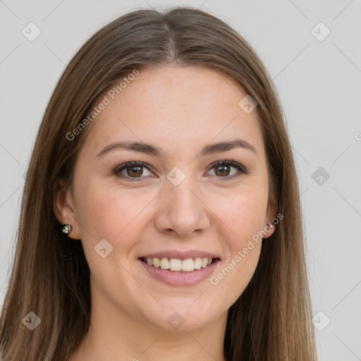 Joyful white young-adult female with long  brown hair and grey eyes