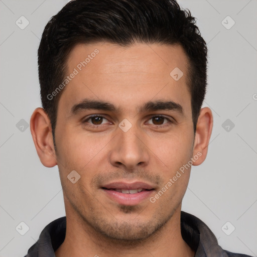 Joyful white young-adult male with short  brown hair and brown eyes