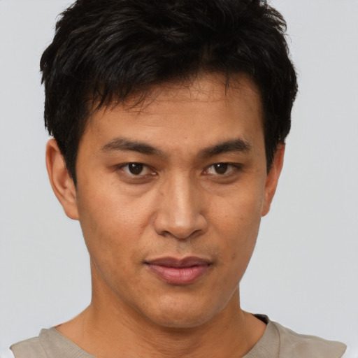 Neutral asian young-adult male with short  black hair and brown eyes