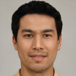 Neutral asian young-adult male with short  black hair and brown eyes