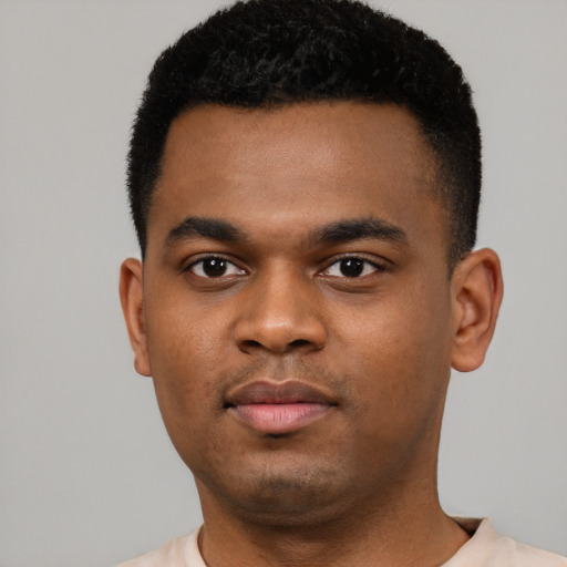 Neutral black young-adult male with short  black hair and brown eyes